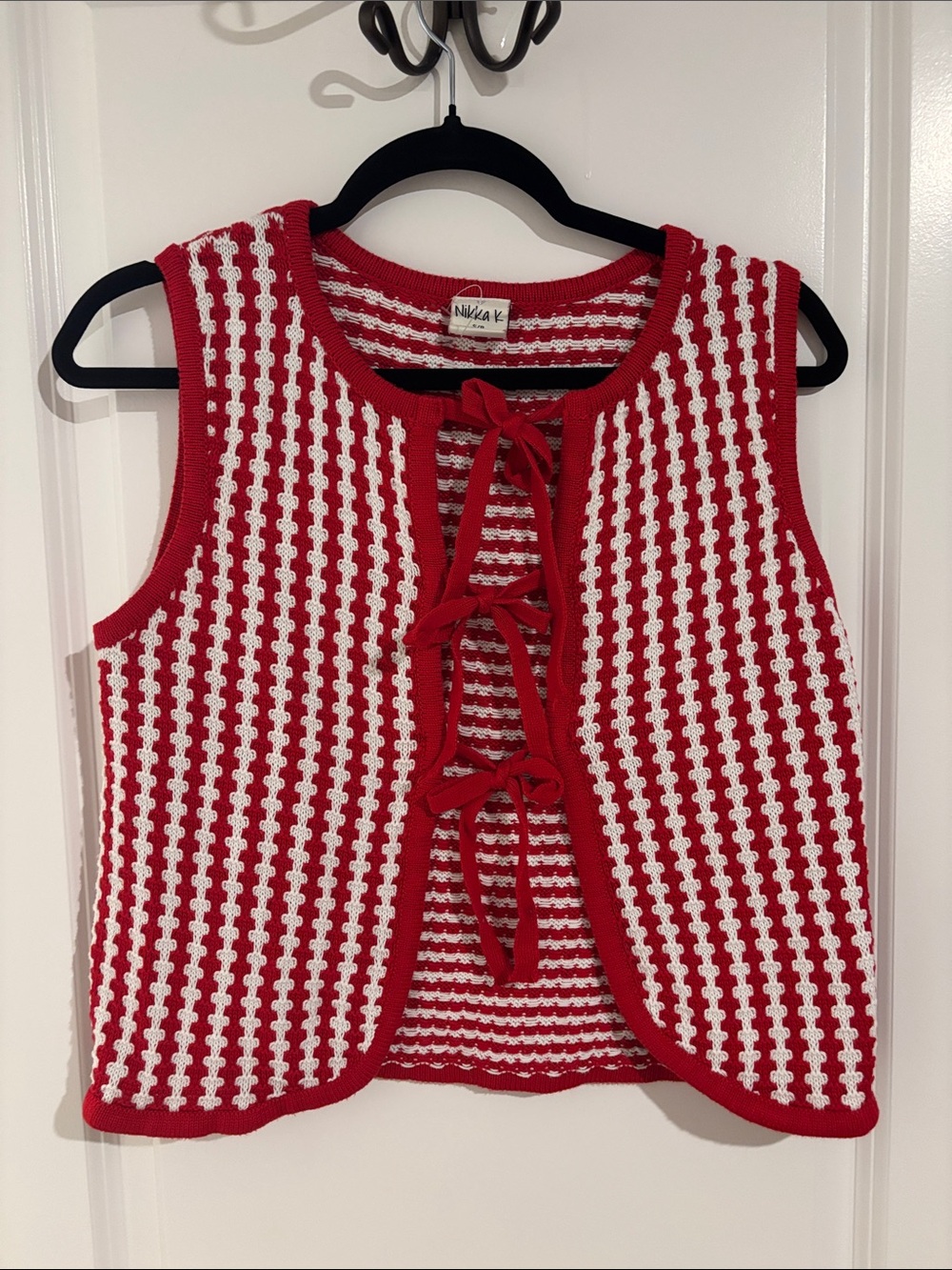 Nikka V Red & White Knit Vest with Front Ties